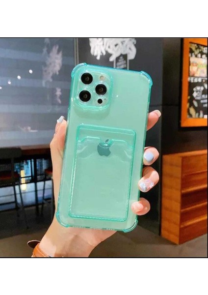 Meri Case Apple iPhone 11 Pro Max Uyumlu Kartlıklı Su Yeşili Şeffaf Kılıf Cüzdanlı Silikon Arka Kapak