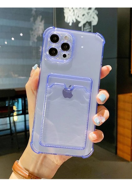 Meri Case Apple iPhone 12 Pro Uyumlu Kartlıklı Mor Şeffaf Kılıf Cüzdanlı Silikon Arka Kapak