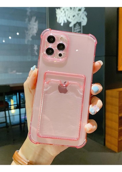 Meri Case Apple iPhone 12 Pro Uyumlu Kartlıklı Pembe Şeffaf Kılıf Cüzdanlı Silikon Arka Kapak