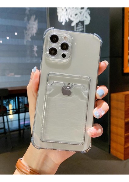 Meri Case Apple iPhone 12 Pro Uyumlu Kartlıklı Siyah Şeffaf Kılıf Cüzdanlı Silikon Arka Kapak