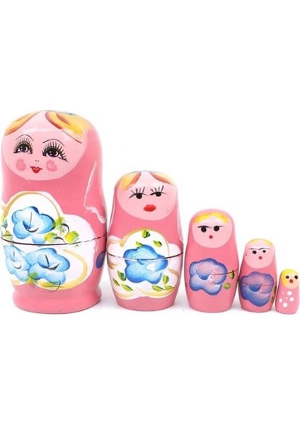 Ahşap Matruşka Bebek Beşli Set Pembe