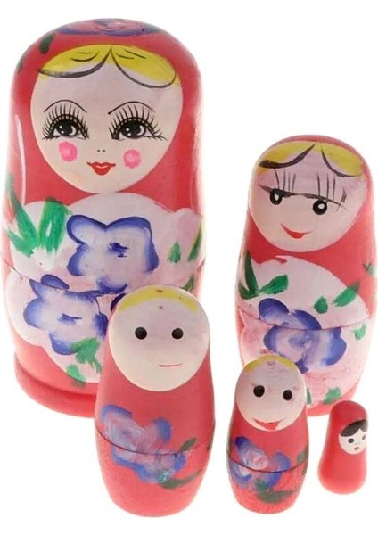 Ahşap Matruşka Bebek Beşli Set Pembe