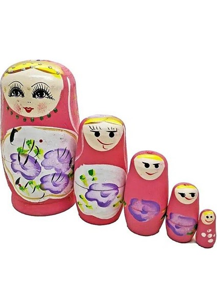 Ahşap Matruşka Bebek Beşli Set Pembe