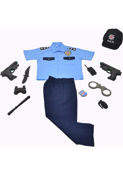 Unisex Mavi Renk Kısa Kollu Türk Polis Kostümü Çocuk Kıyafeti 2