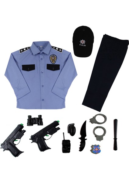 Unisex Çocuk Mavi Gömlekli Türk Polis Kostümü Mavi Gömlekli Polis Kıyafeti Üniforması
