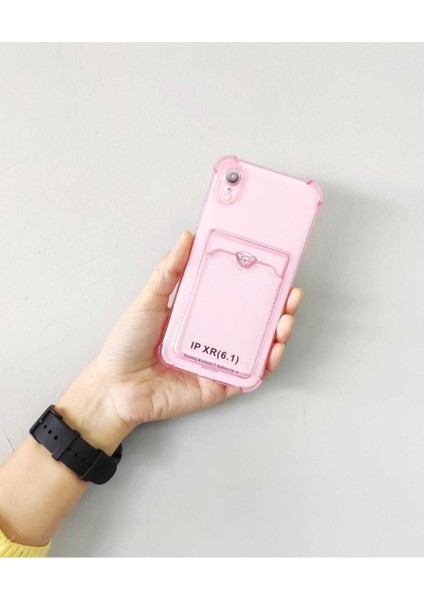 Meri Case Apple iPhone Xr Uyumlu Kartlıklı Pembe Şeffaf Kılıf Cüzdanlı Silikon Arka Kapak