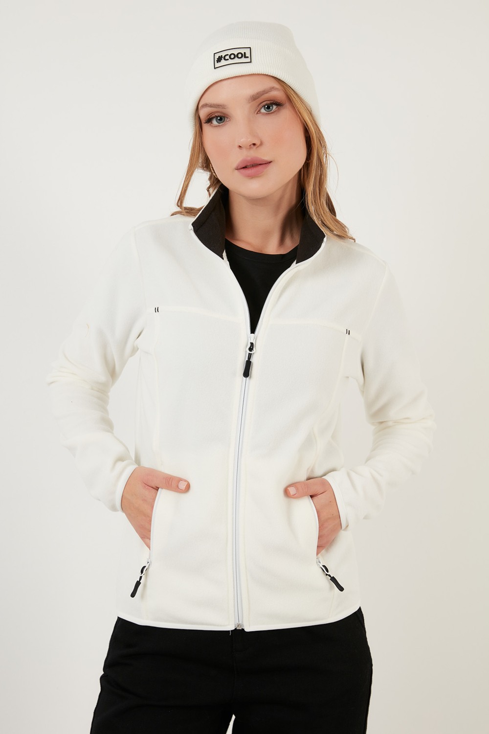 Lela Dik Yaka Fermuarlı Cepli Polar Hırka Bayan Polar 5907002