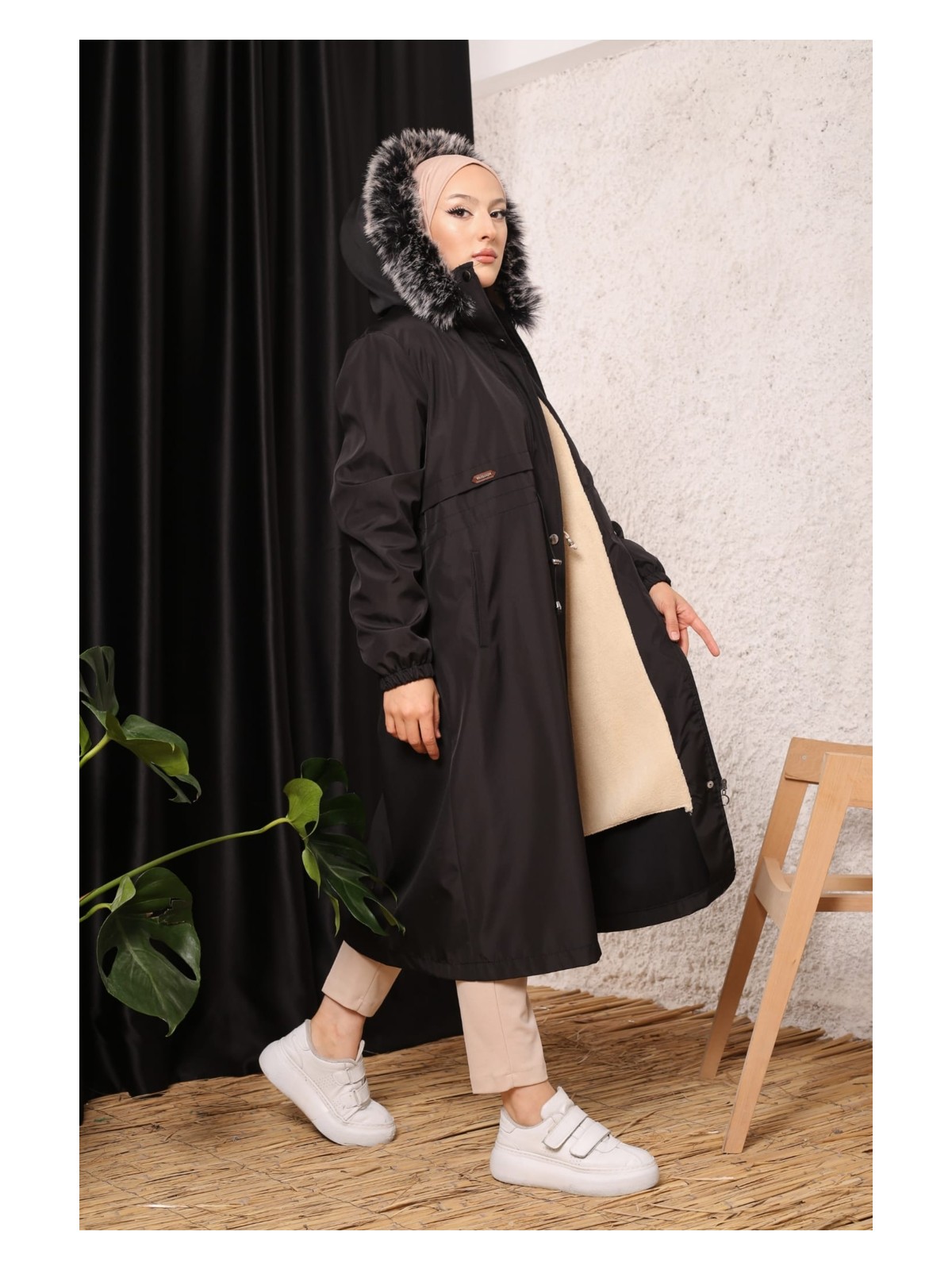 Vibeys Collection Lacivert Içi Kürklü ve Su Geçirmez Büyük Beden Battal Kadın Kışlık Mont & Kaban - Görsel 3