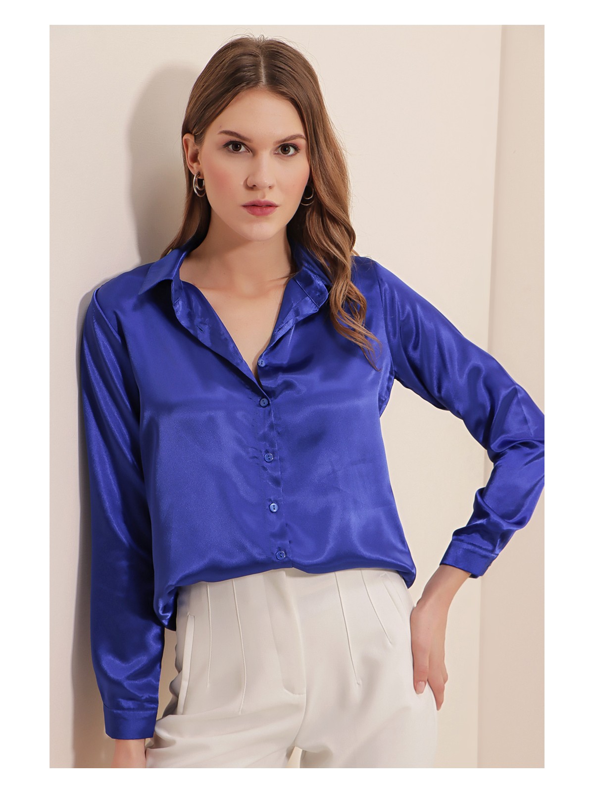 Bigdart 3964 Hafif Dökümlü Saten Gömlek - Saks