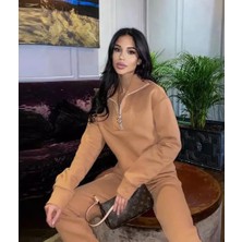 Amor Man Özel Tasarım Dik Yaka Yarım Fermuarlı %100 Pamuk Tam Kışlık Dış Mekan Şık Kadın Eşofman Takımı