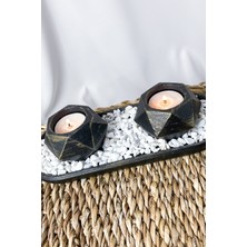 Agossa Home 2'li Prizma Siyah Üstü Sarı Yaldızlı Tealight Mumluk Seti • Oval Sunum Tepsili