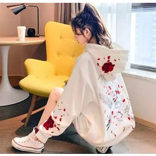 Amor Man Özel Üretim Kapüşonlu Tam Fermuarlı Red Rose Baskılı Pamuk Süper Oversize Kadın Sweatshirt