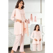 Kadın Bordo 3'lü Emzirme Detaylı Uzun Kollu Lohusa Pijama Gecelik Takımı 3845 TP-3845
