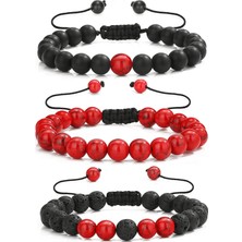 Tesbih Atölyesi Sertifikalı Gerçek Kırmızı Havlit Oniks Lav Taşı Üçlü Bileklik Seti