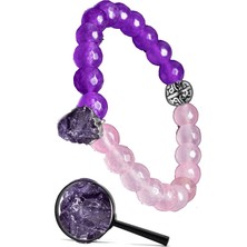 Tesbih Atölyesi Sertifikalı Gümüş Aparatlı Doğal Pembe Kuvars Mor Akik Taşı Bileklik - Ametist Sallantı