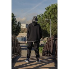 Piedra Collection Unisex Siyah Oversize Çizgi Baskılı Kapüşonlu Sweatshirt