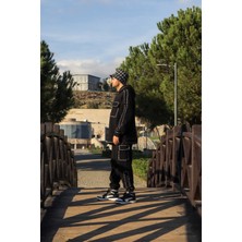 Piedra Collection Unisex Siyah Oversize Çizgi Baskılı Kapüşonlu Sweatshirt