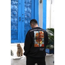 Piedra Collection Unisex Bisiklet Yaka Siyah Oversize Baskılı ve Nakışlı Sweatshirt