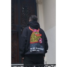 Piedra Collection Unisex  Siyah Oversize Baskılı  Kapüşonlu Sweatshirt