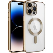 Case World Caseworld Apple iPhone 14 Pro Max Mag Safe Özellikli Lens Korumalı Logo Gösteren Şeffaf Luxury Silikon Kılıf - Gold