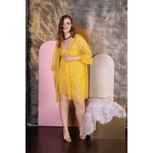 Izabel Büyük Beden Seksi Dantel Detaylı Gecelik Takımı Üçlü Set Hardal Sarısı Renk