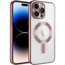 Case World Caseworld Apple iPhone 14 Pro Max Mag Safe Özellikli Lens Korumalı Logo Gösteren Şeffaf Luxury Silikon Kılıf - Rose Gold