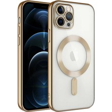 Caseworld Apple iPhone 11 Pro Mag Safe Özellikli Lens Korumalı Logo Gösteren Şeffaf Luxury Silikon Kılıf - Gold