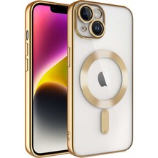 Case World Caseworld Apple iPhone 14 Mag Safe Özellikli Lens Korumalı Logo Gösteren Şeffaf Luxury Silikon Kılıf - Gold