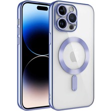 Caseart Apple iPhone 14 Pro Mag Safe Özellikli Lens Korumalı Logo Gösteren Şeffaf Luxury Silikon Kılıf - Lila