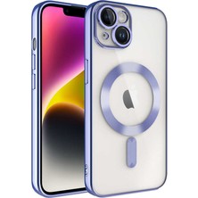 Caseart Apple iPhone 14 Plus Mag Safe Özellikli Lens Korumalı Logo Gösteren Şeffaf Luxury Silikon Kılıf - Lila