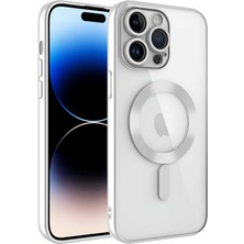 Kzy Apple iPhone 14 Pro Mag Safe Özellikli Lens Korumalı Logo Gösteren Şeffaf Luxury Silikon Kılıf - Gümüş