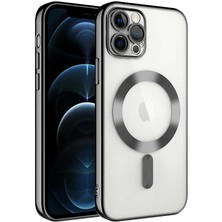 Kzy Apple iPhone 12 Pro Mag Safe Özellikli Lens Korumalı Logo Gösteren Şeffaf Luxury Silikon Kılıf -Siyah