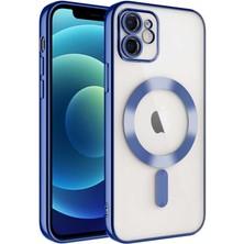 Caseart Apple iPhone 12 Mag Safe Özellikli Lens Korumalı Logo Gösteren Şeffaf Luxury Silikon Kılıf - Mavi