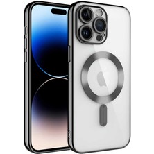 Kzy Apple iPhone 14 Pro Max Mag Safe Özellikli Lens Korumalı Logo Gösteren Şeffaf Luxury Silikon Kılıf -Siyah