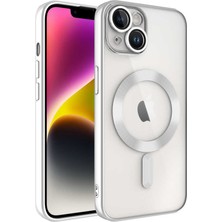 Kılıfmania Apple iPhone 14 Plus Kapak Mag Safe Özellikli Lens Korumalı Logo Gösteren Şeffaf Luxury Silikon Kılıf - Gümüş