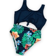 Lolli Boom Kids  Kız Çocuk Göbek Bağlama Detaylı Siyah Renk Tropik Amazon Yaprak Detaylı Mayo / Mayokini
