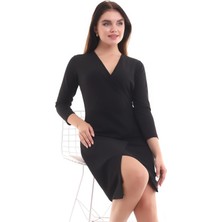 Ceylen Kruvaze Yaka Eteği Kapalı Anvelop Ithal Krep Mini Elbise
