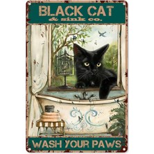 Printhome Ahşap Vintage Tablo " Black Cat Wash Your Paws" Ahşap Mdf 25X35 cm