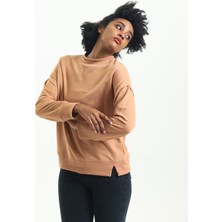 Kadın Bisiklet Yaka Sıfır Yaka O Yaka Oversize Basic Sweatshirt Düz Örme Toasted Bej Renk