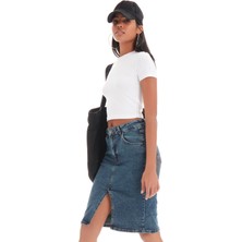 Its Basic Kadın Tint Kot Rengi Midi Boy Yüksek Bel Yırtmaçlı Jean Etek