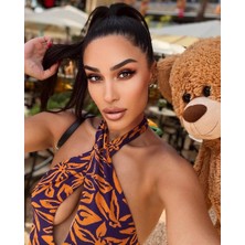 Julishop Kadin Bordo/turuncu Renkli Çiçek Desenli Göğüs Dekolteli Pamuk Triko Kumaş Body Suit