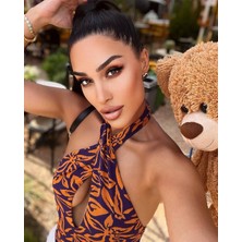 Julishop Kadin Bordo/turuncu Renkli Çiçek Desenli Göğüs Dekolteli Pamuk Triko Kumaş Body Suit