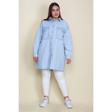 Şans Kadın Mavi Salaş Kesim Çıtçıt Düğmeli Oversize Kot Tunik Ceket 65N28048