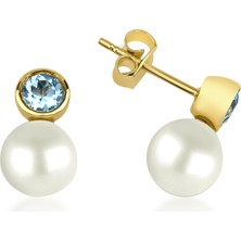 Kairos Jewelry 14 Ayar Altın Doğal İnci & Blue Topaz Çivili Küpe