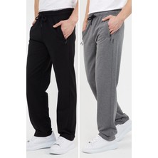 Comeor Siyah-Antrasit  Erkek Büyük Beden 2'li Düz Paça Cep Fermuar Detaylı Rahat Kesim Eşofman Altı