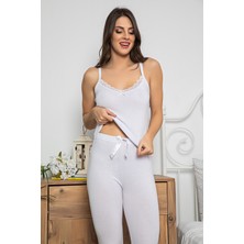 Myben Kadın Beyaz Renkli Dantel Detaylı Şortlu ve Taytlı Pijama Takımı 3'lü Set 75020