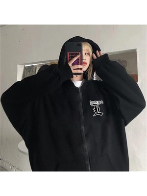 Touz Moda  Death Note Oversize Fermuarlı Siyah Unisex Kapüşonlu Hırka