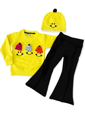 Lolli Boom Kids Kız Çocuk Emoji Smile Bereli Pamuk 2 Ip Likralı Ispanyol Paça Pantalonlu Sweatshirt  3'lü Takım