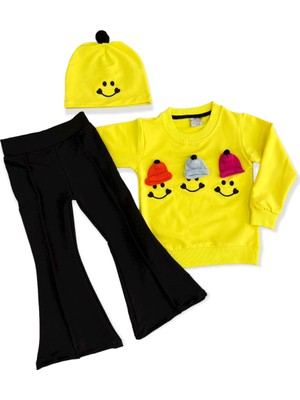 Lolli Boom Kids Kız Çocuk Emoji Smile Bereli Pamuk 2 Ip Likralı Ispanyol Paça Pantalonlu Sweatshirt  3'lü Takım