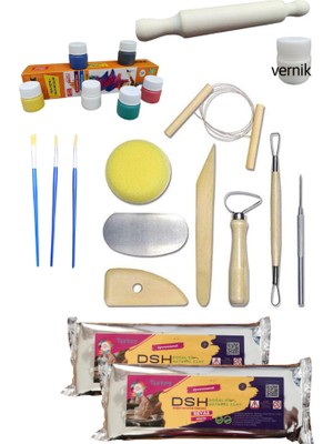 DSH Seramik Başlangıç Seti 12, 8'li Ebeşuar Lı Set, 2 Adet 1 kg Beyaz Seramik Hamuru, Guaj Boya, Merdane